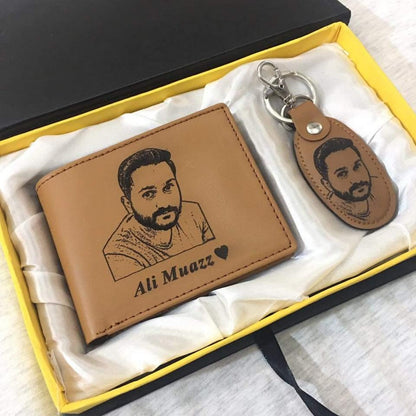 Custom Engraved Leather Wallet & Key Chain – Personalized Gift with Box | Photo or Message Stylish Design