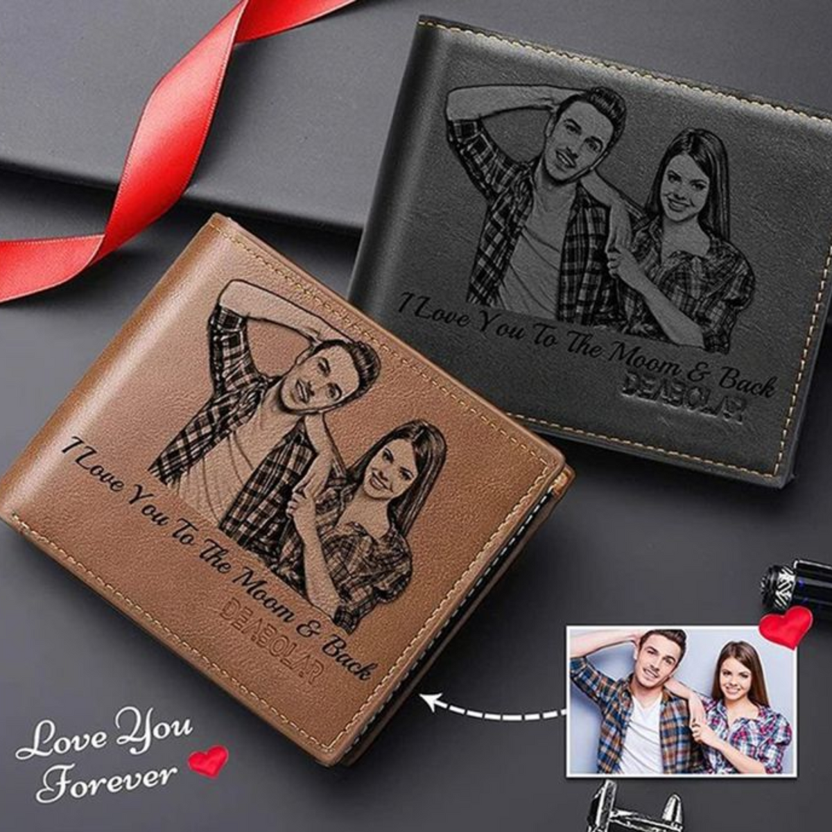 Custom Engraved Leather Wallet & Key Chain – Personalized Gift with Box | Photo or Message Stylish Design